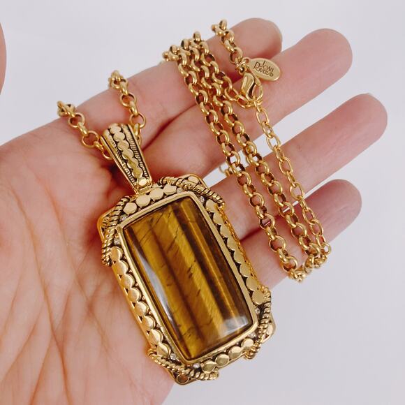 Signed Joan Rivers Tiger Eye Hinged Bail Pendant Gold Tone Necklace 33" Vintage - Picture 3 of 14